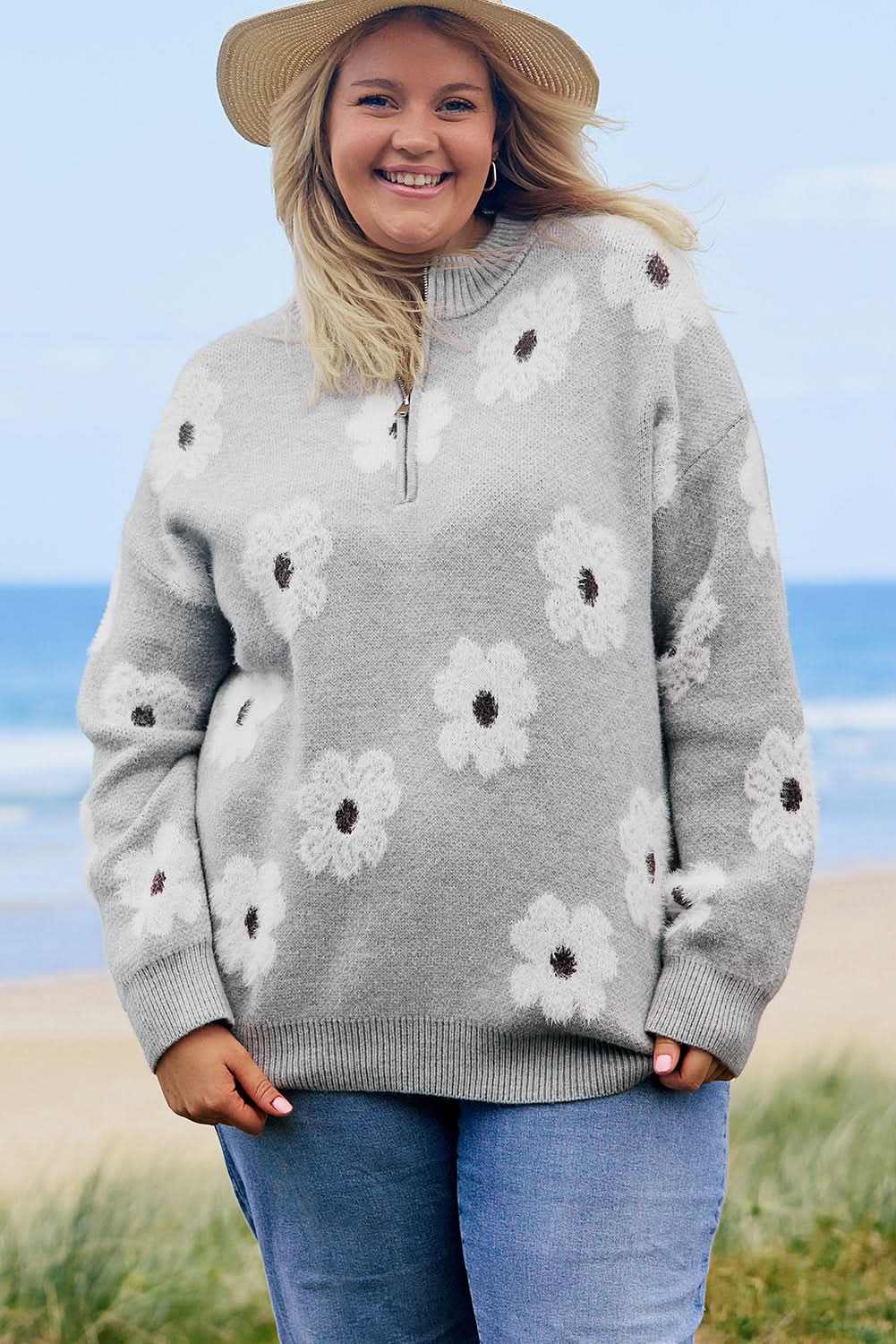 Gray floral embroidered plus size sweater - Love Salve